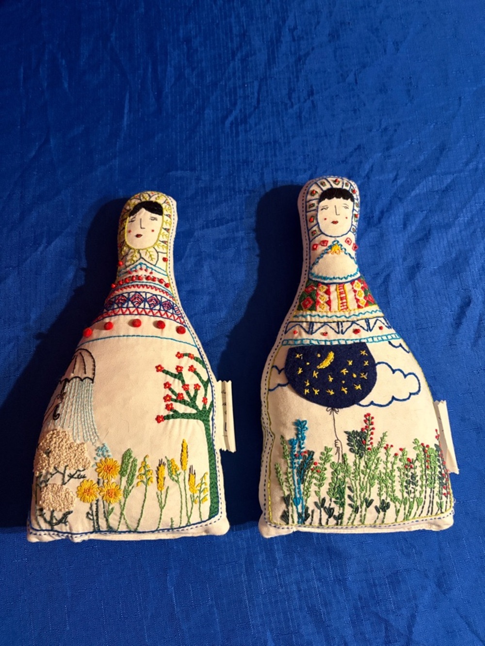 Embroidered Matryoshka Doll Pillow Pair - Cream, Yellow, Green, Blue
